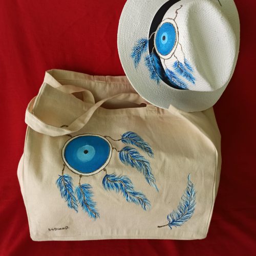 set tsanta totebag -kapelo panama zografismeno mati- oneiropagida